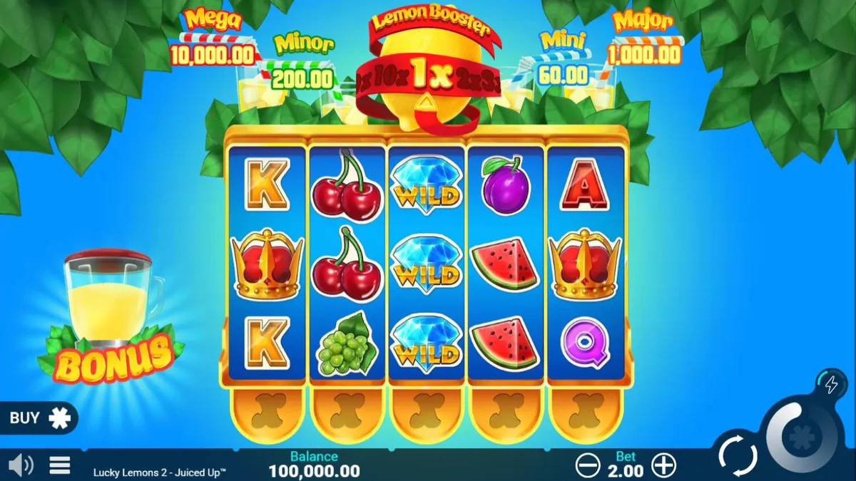 Tampilan visual ceria dari slot Lucky Lemons 2 Juiced Up dengan simbol buah pop-art